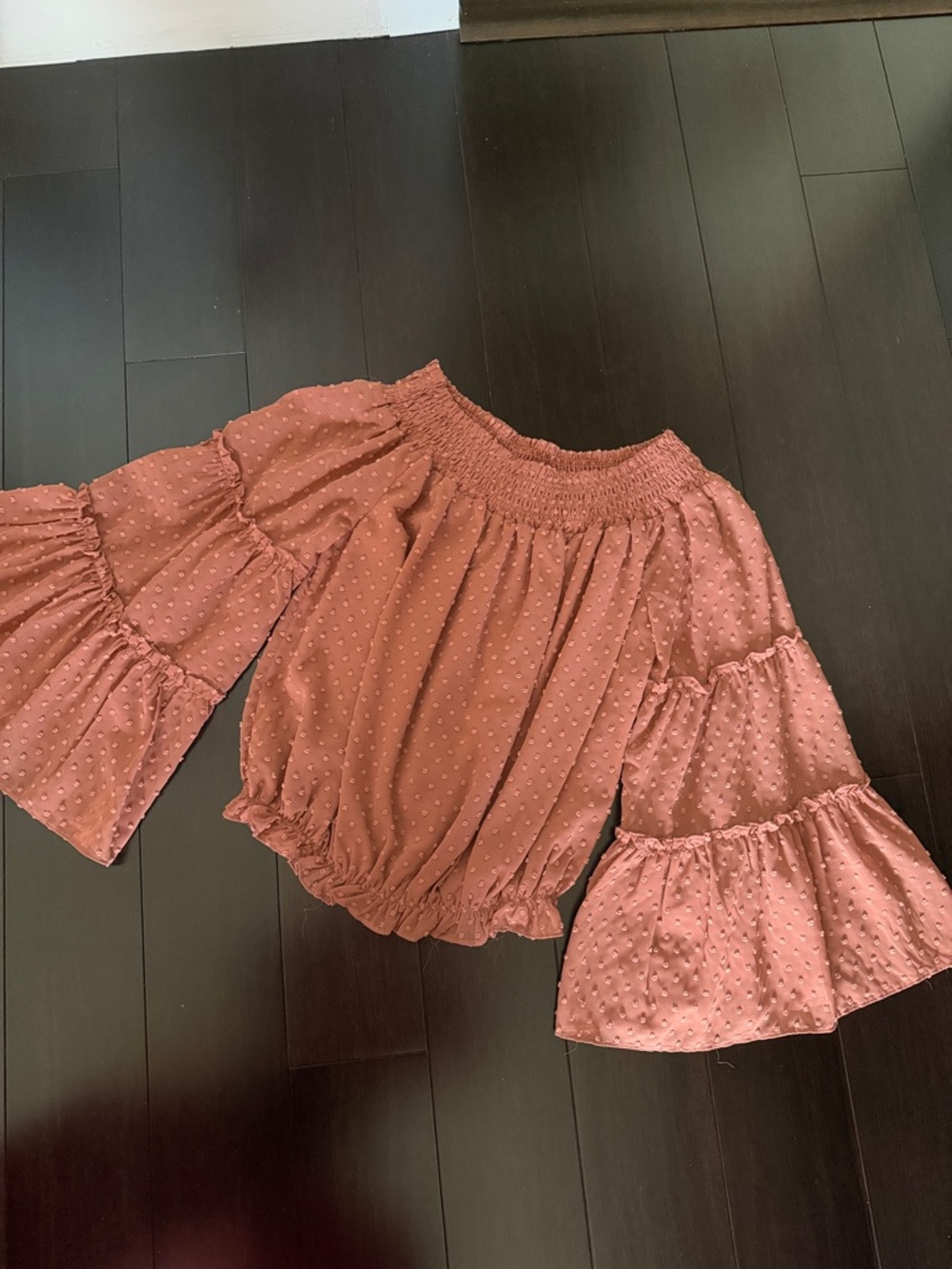Wishlist Rust Pink Off-Shoulder Blouse with Tiered Bell Sleeves
